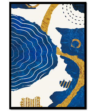 Abstract blue and gold textured artwork with wave patterns
