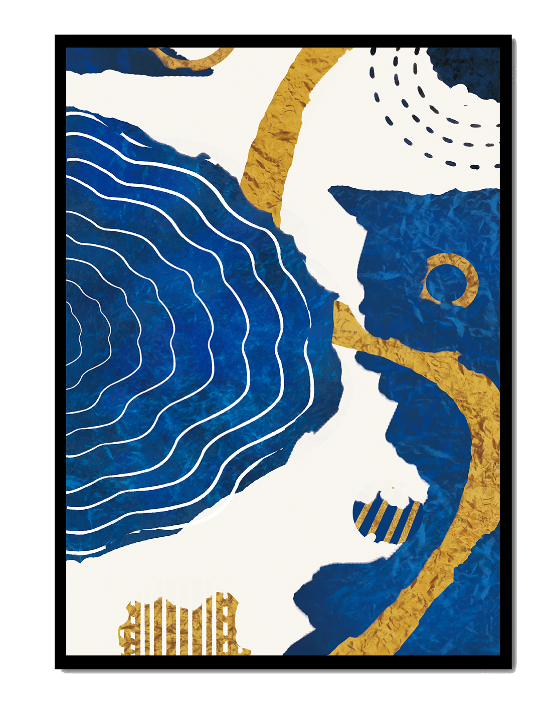 Abstract blue and gold textured artwork with wave patterns