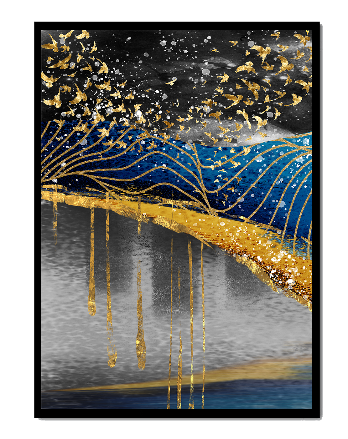 Abstract Night Sky With Golden Birds And Waves
