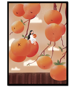 Whimsical illustration of girl with giant oranges and branches