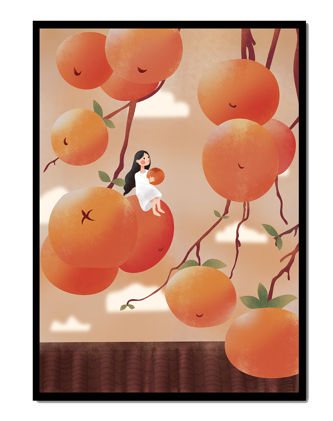 Whimsical illustration of girl with giant oranges and branches