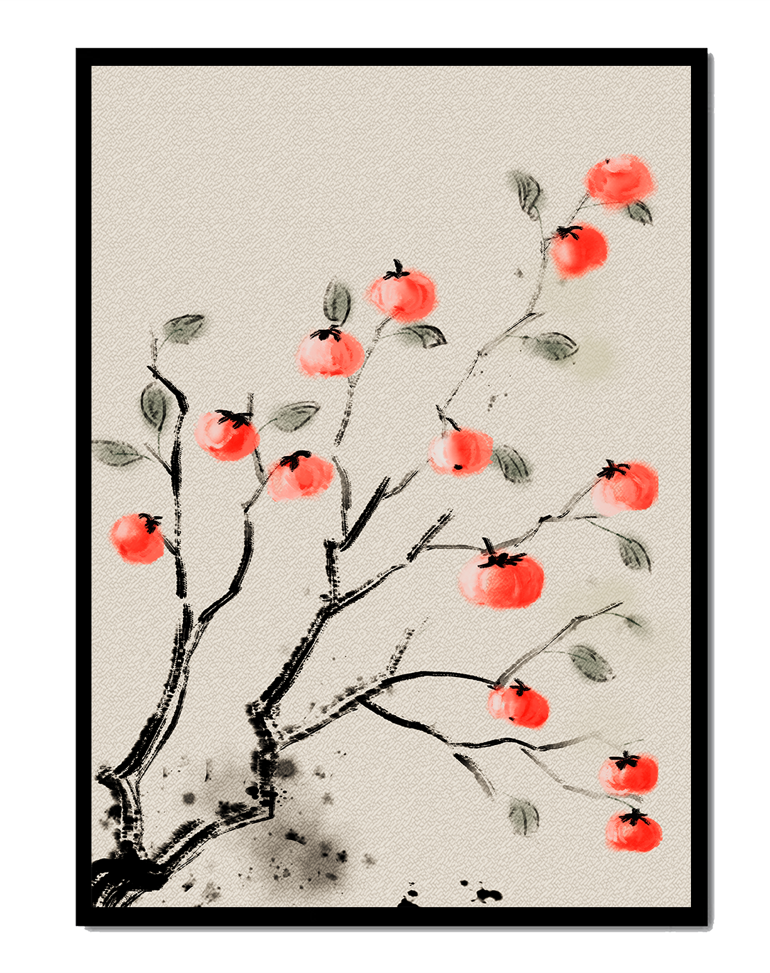 Elegant botanical illustration with vibrant red fruit on branches