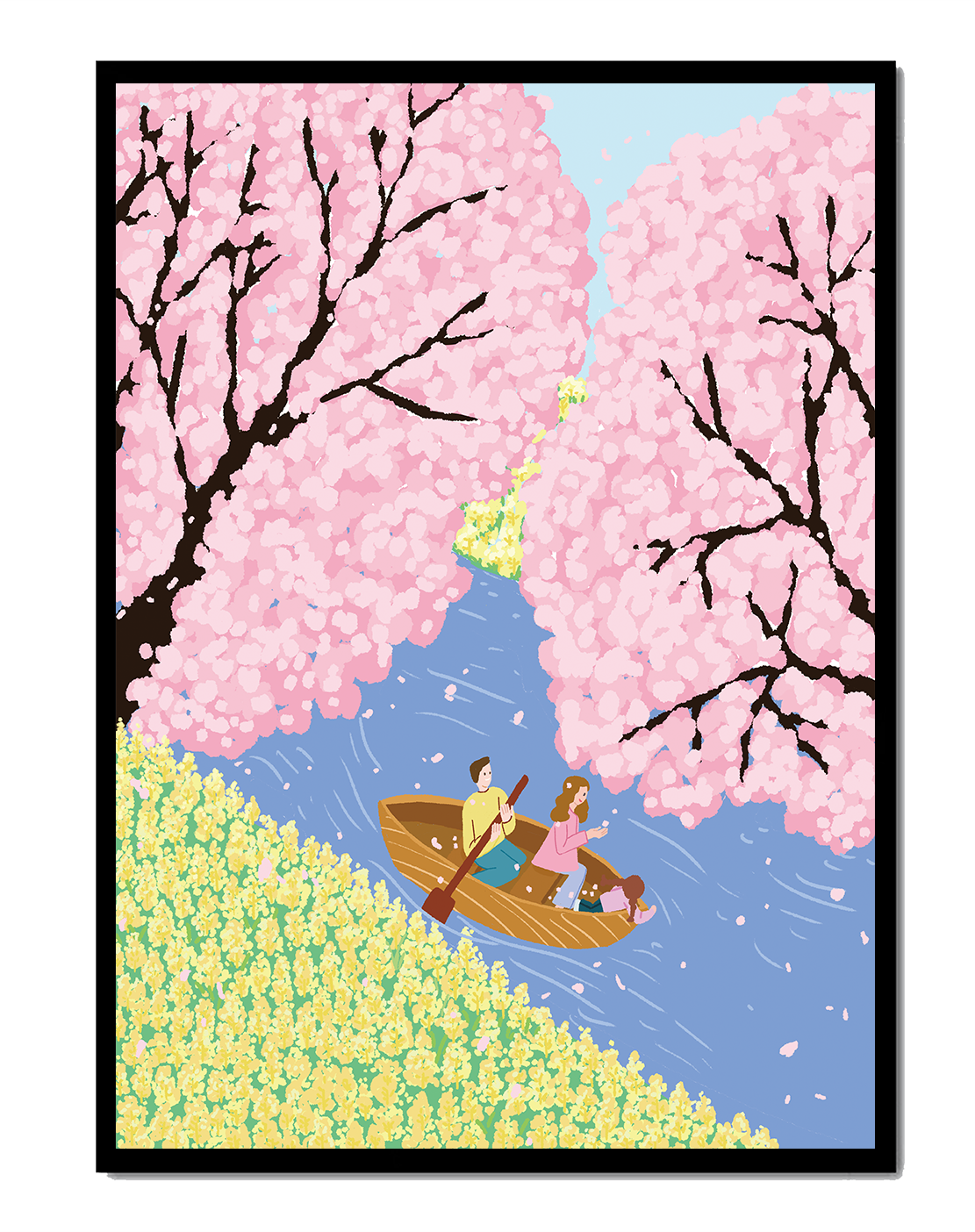 Family Rowing on Serene River with Cherry Blossoms