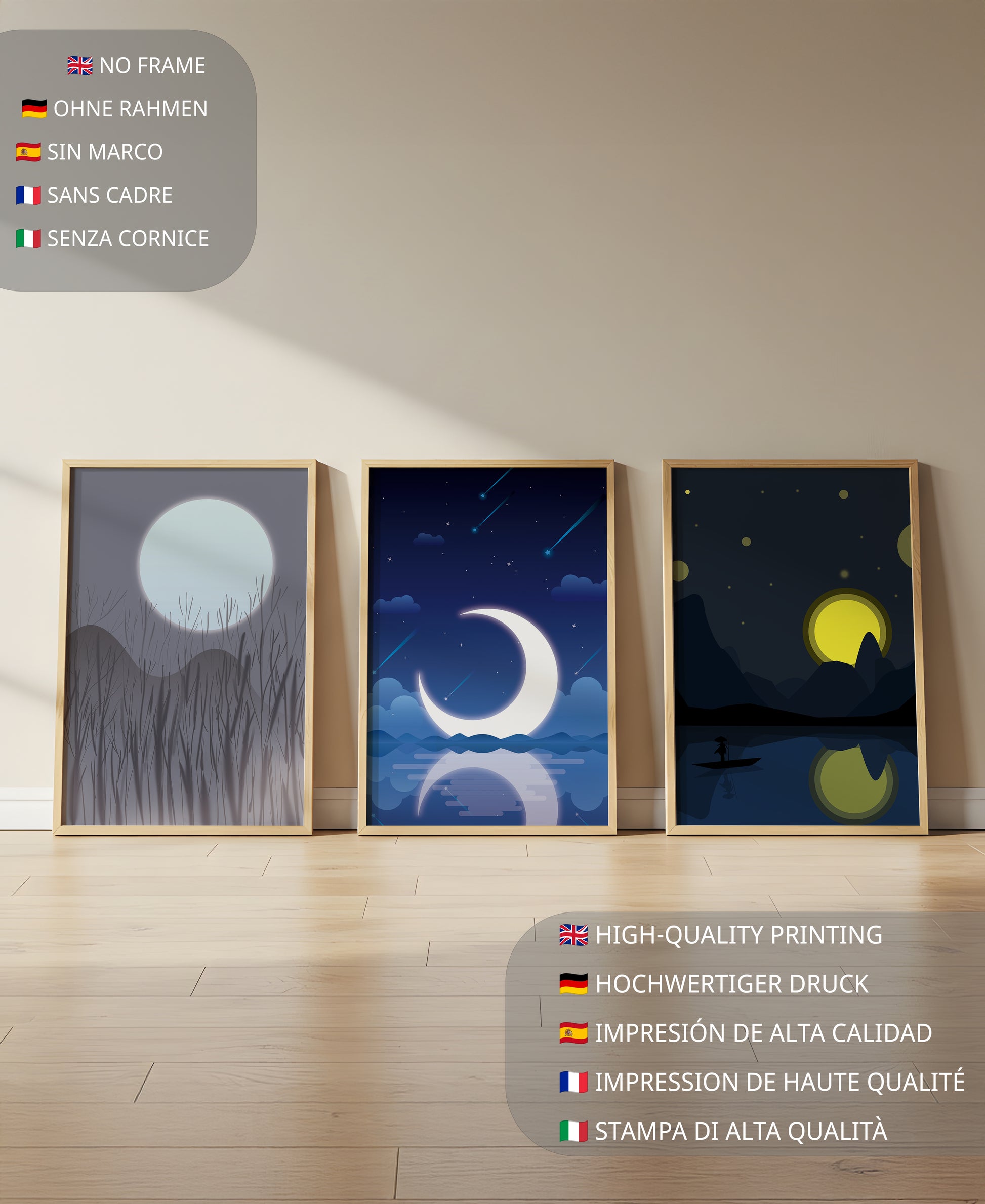 Paysages nocturnes avec lune et étoiles dans des cadres