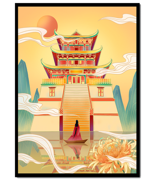 Ancient temple with serene landscape and vibrant colors artwork