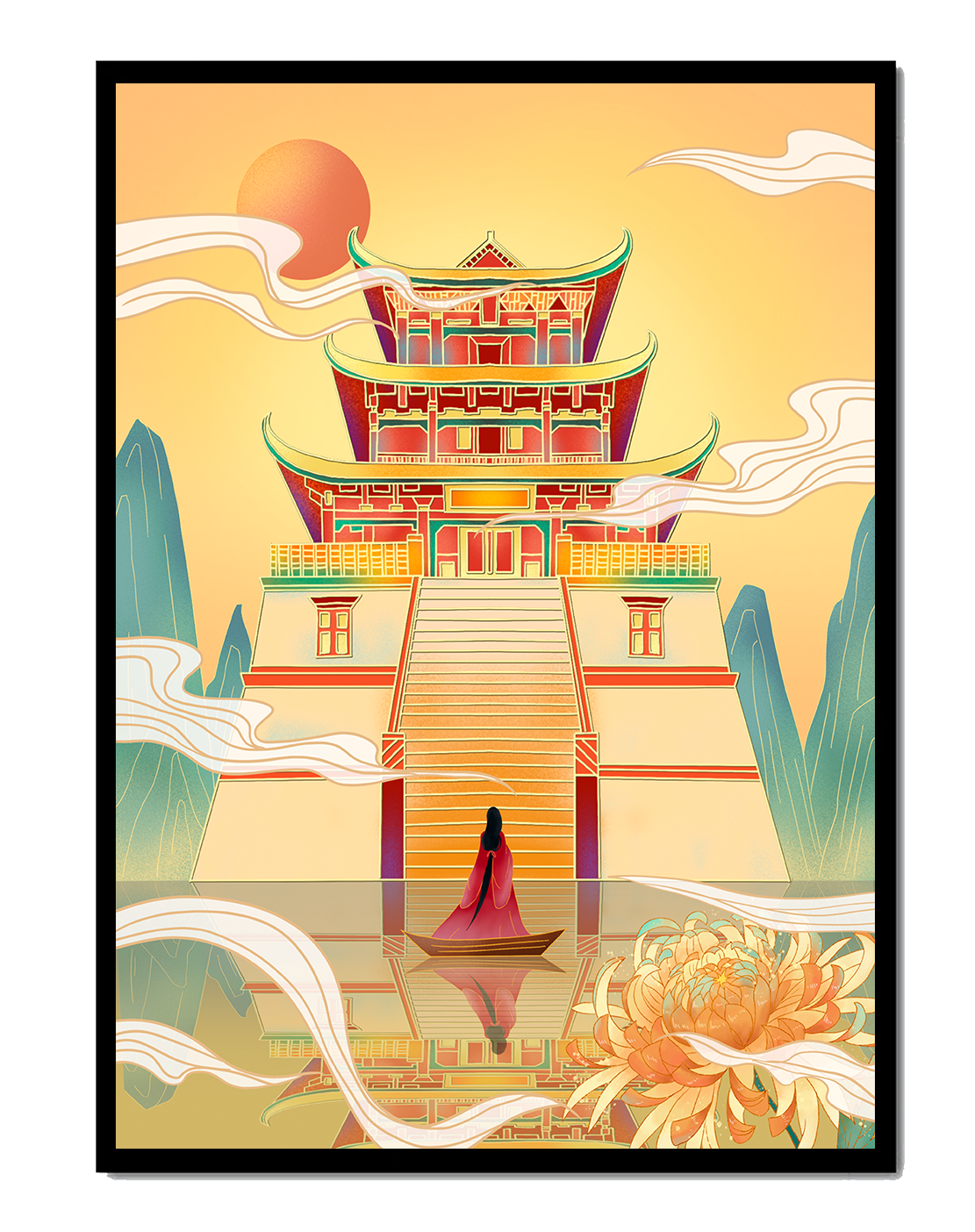 Ancient temple with serene landscape and vibrant colors artwork