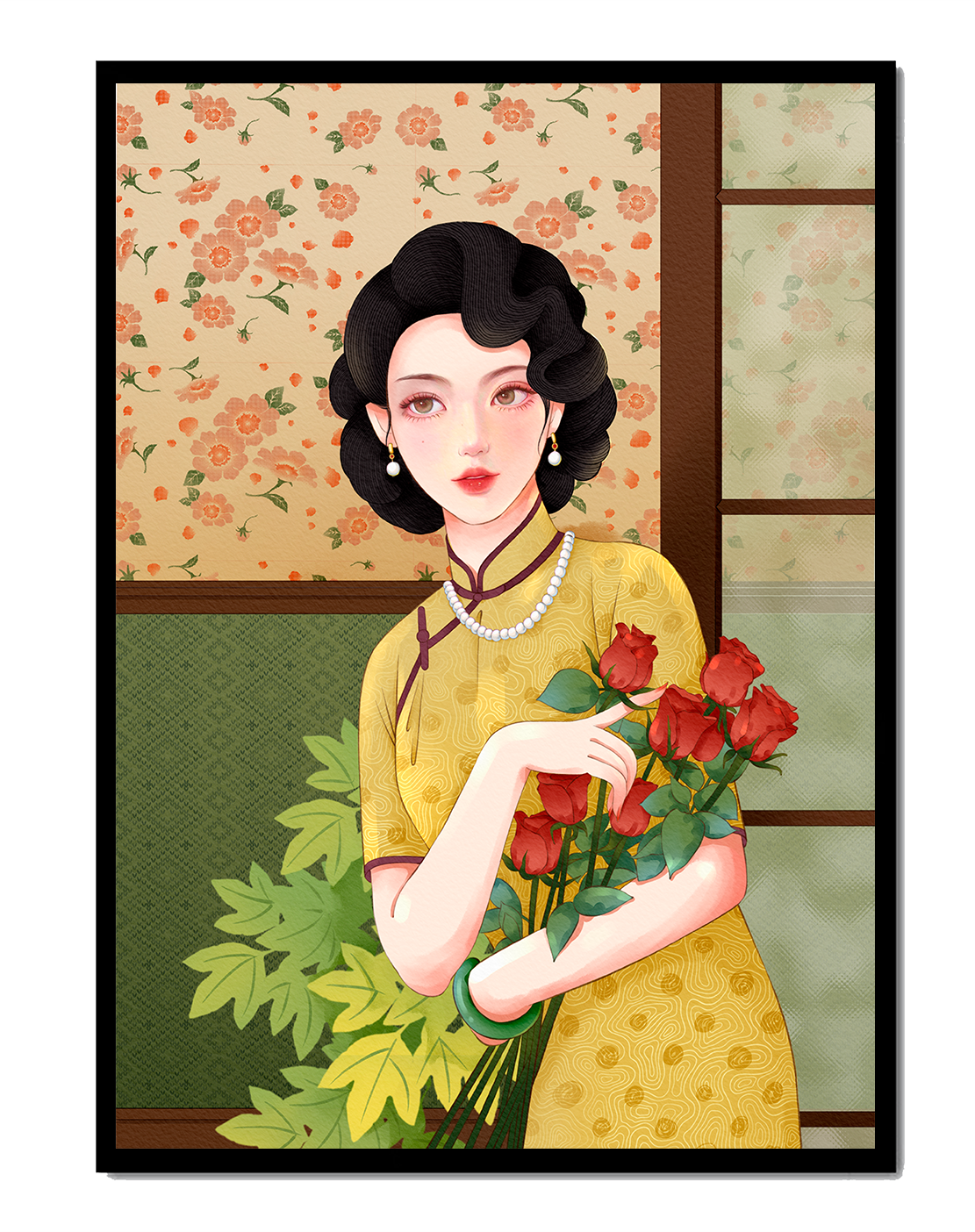 Elegant woman with floral backdrop holding a bouquet