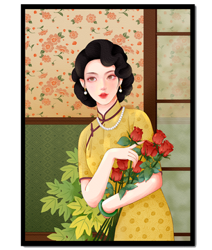 Mujer elegante con fondo floral sosteniendo un ramo