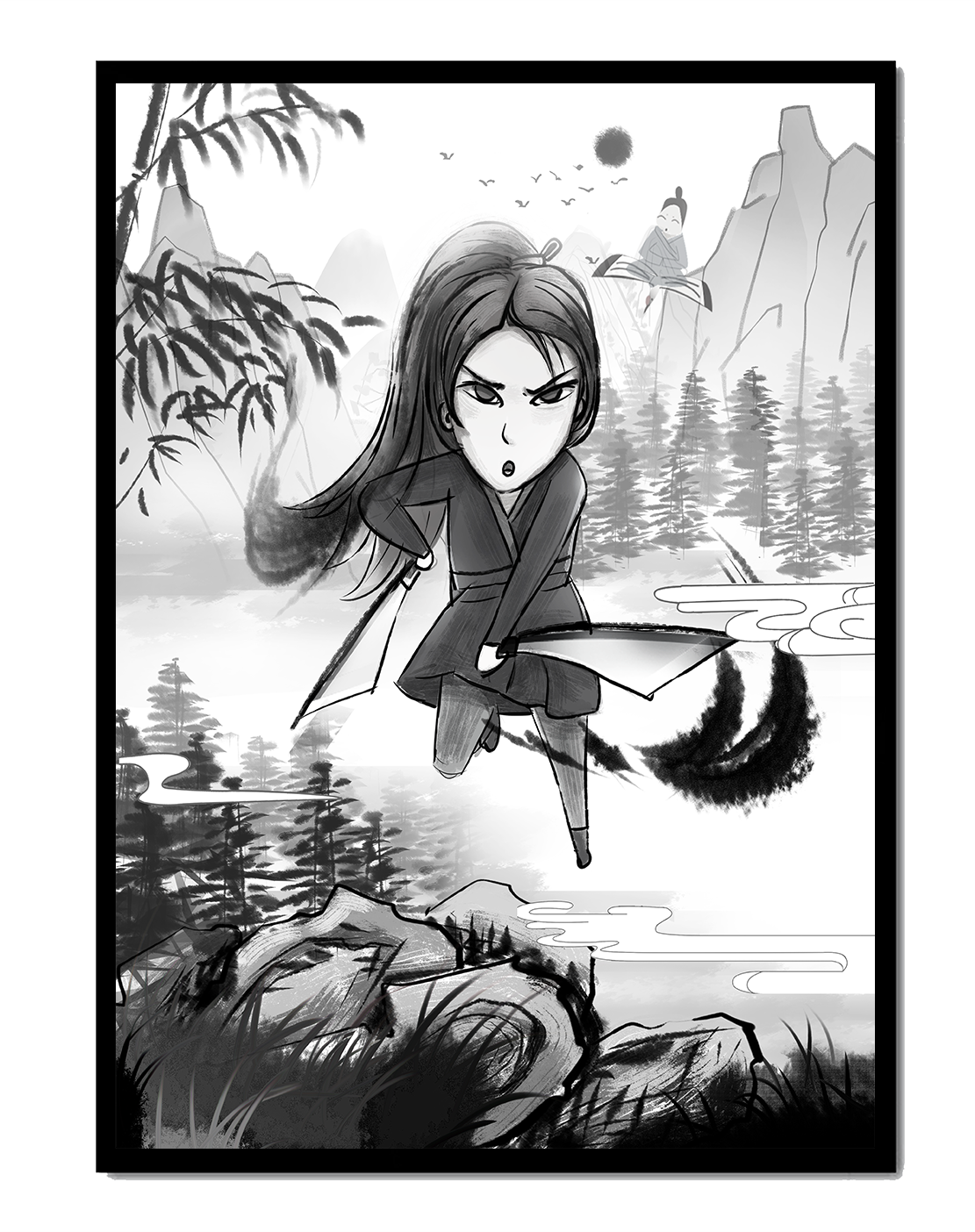 Warrior In A Mystical Landscape With Mountains And Rivers