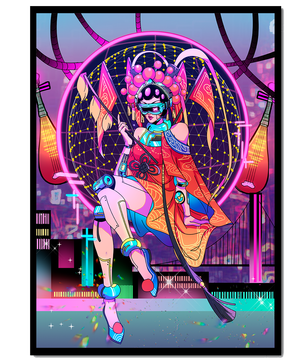 Personaje futurista con atuendo tradicional asiático y telón de fondo de ciudad neón