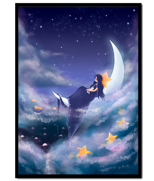 Cielo nocturno soñador con una niña sentada en una luna creciente rodeada de estrellas