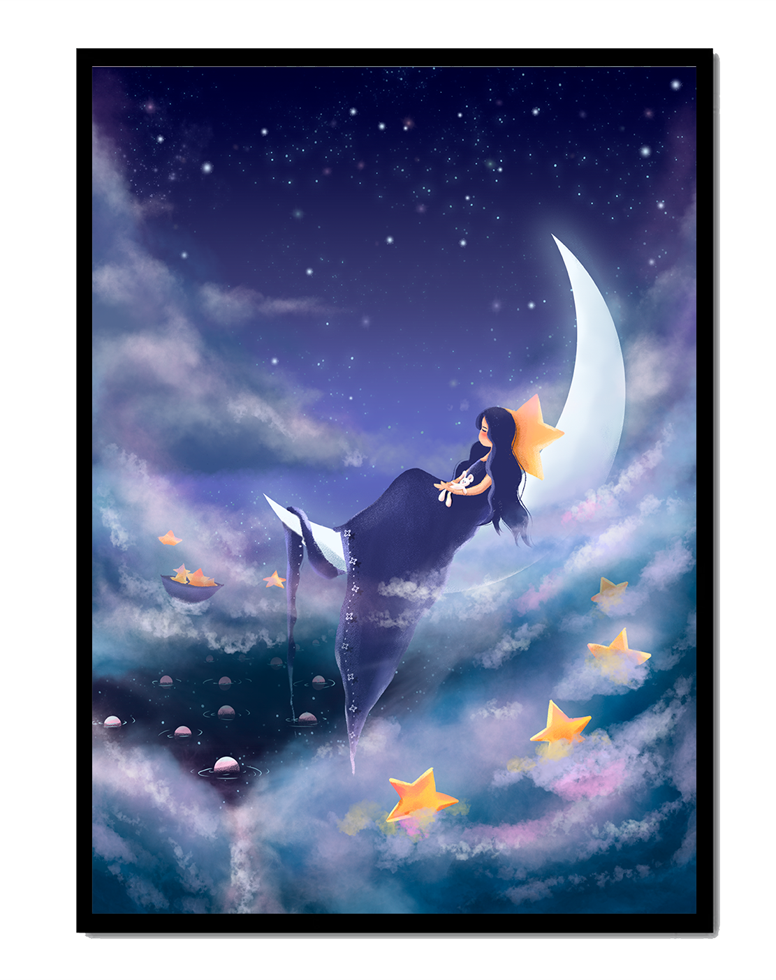 Dreamy night sky with girl sitting on crescent moon surrounded by stars