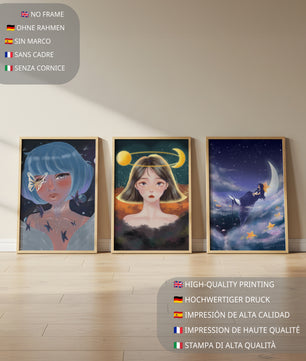 Tríptico De Retratos Ilustrados Con Elementos Astrales