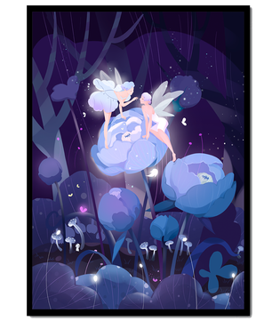 La forêt enchantée avec des fées et des fleurs lumineuses la nuit