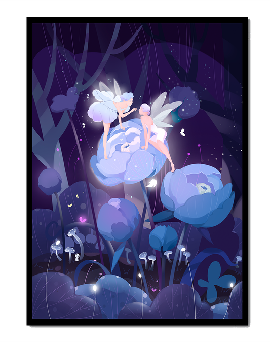 Enchanted forest with fairies and glowing flowers at night