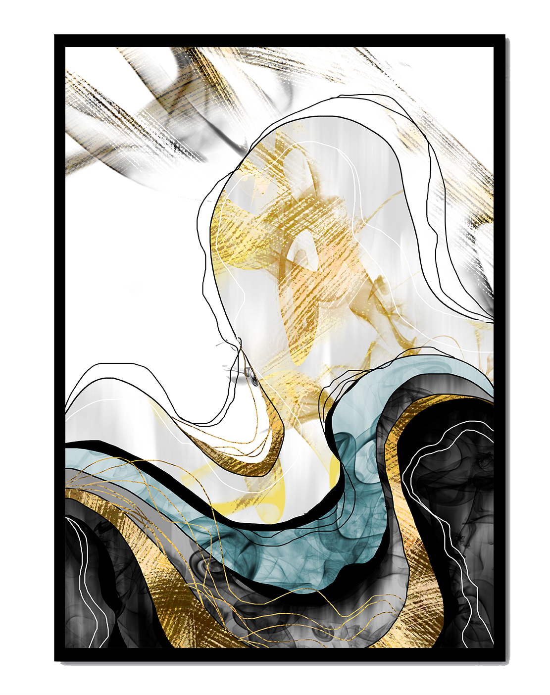 Arte abstracto con líneas fluidas y detalles dorados