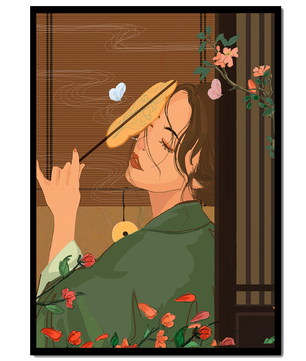 Serene woman with fan surrounded by flowers