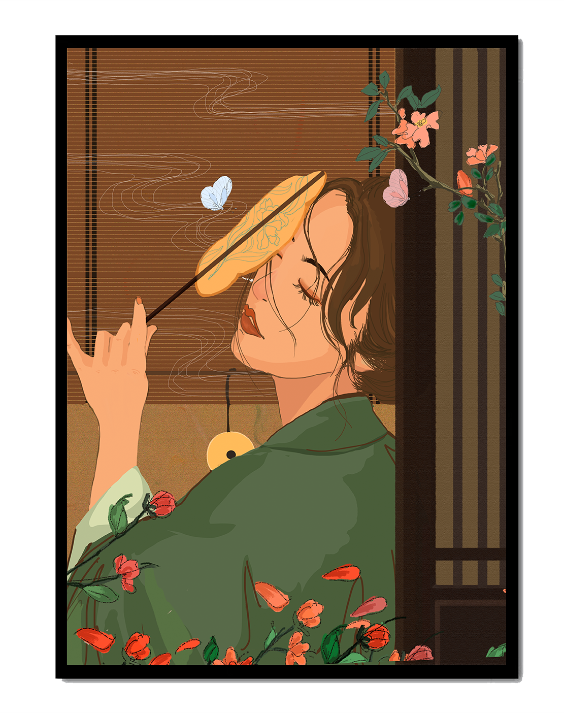 Serene woman with fan surrounded by flowers