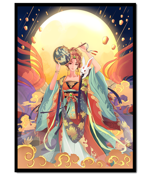 Elegant fantasy illustration with celestial elements and rabbit