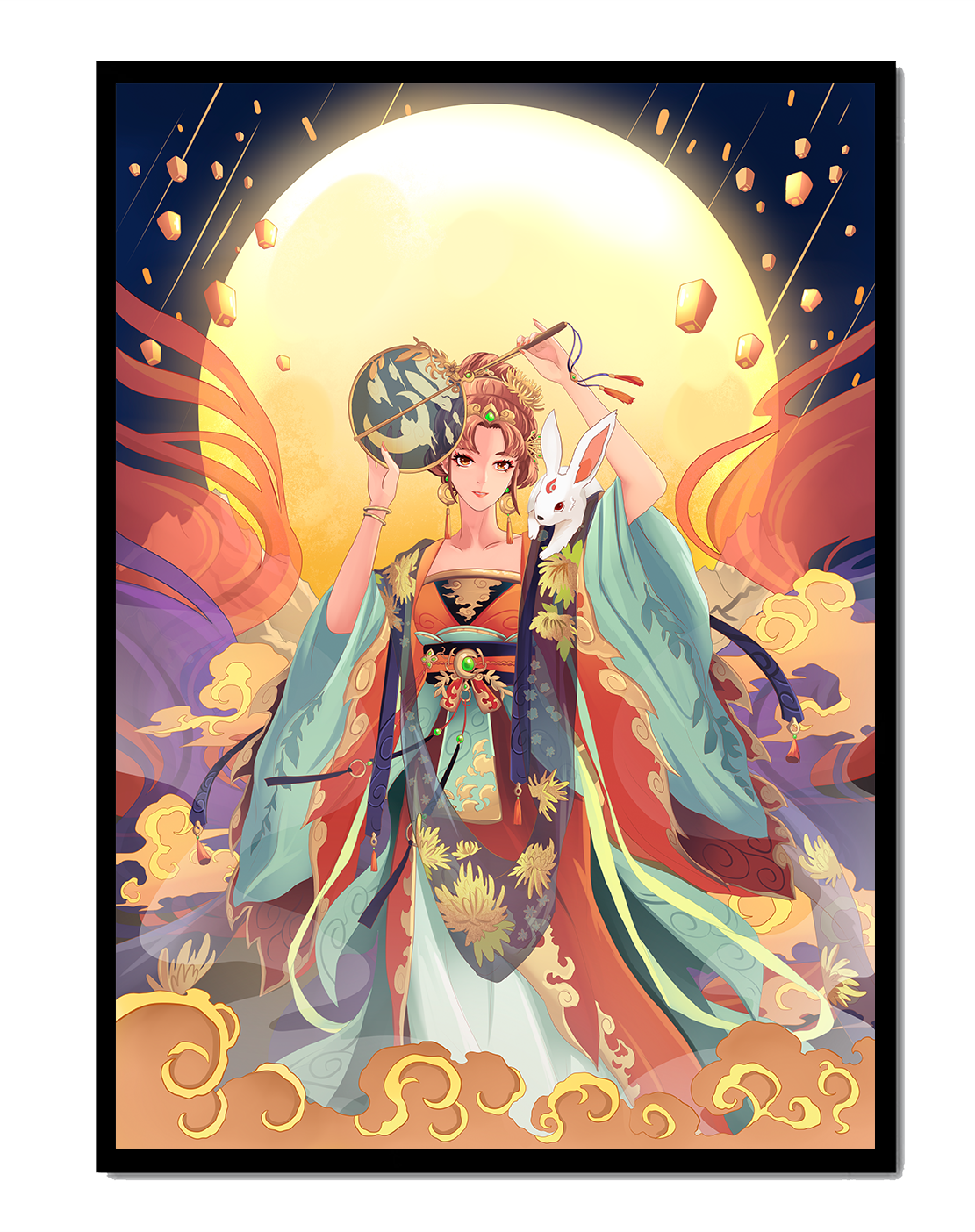 Elegant fantasy illustration with celestial elements and rabbit