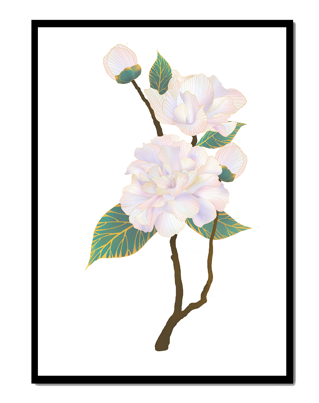 Delicate blooming flowers with lush leaves in elegant design