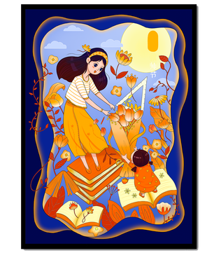 Whimsical illustration with woman and child among books and flowers