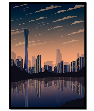 Skyline der Stadt bei Sonnenuntergang mit futuristischem Touch und Wasserspiegelung