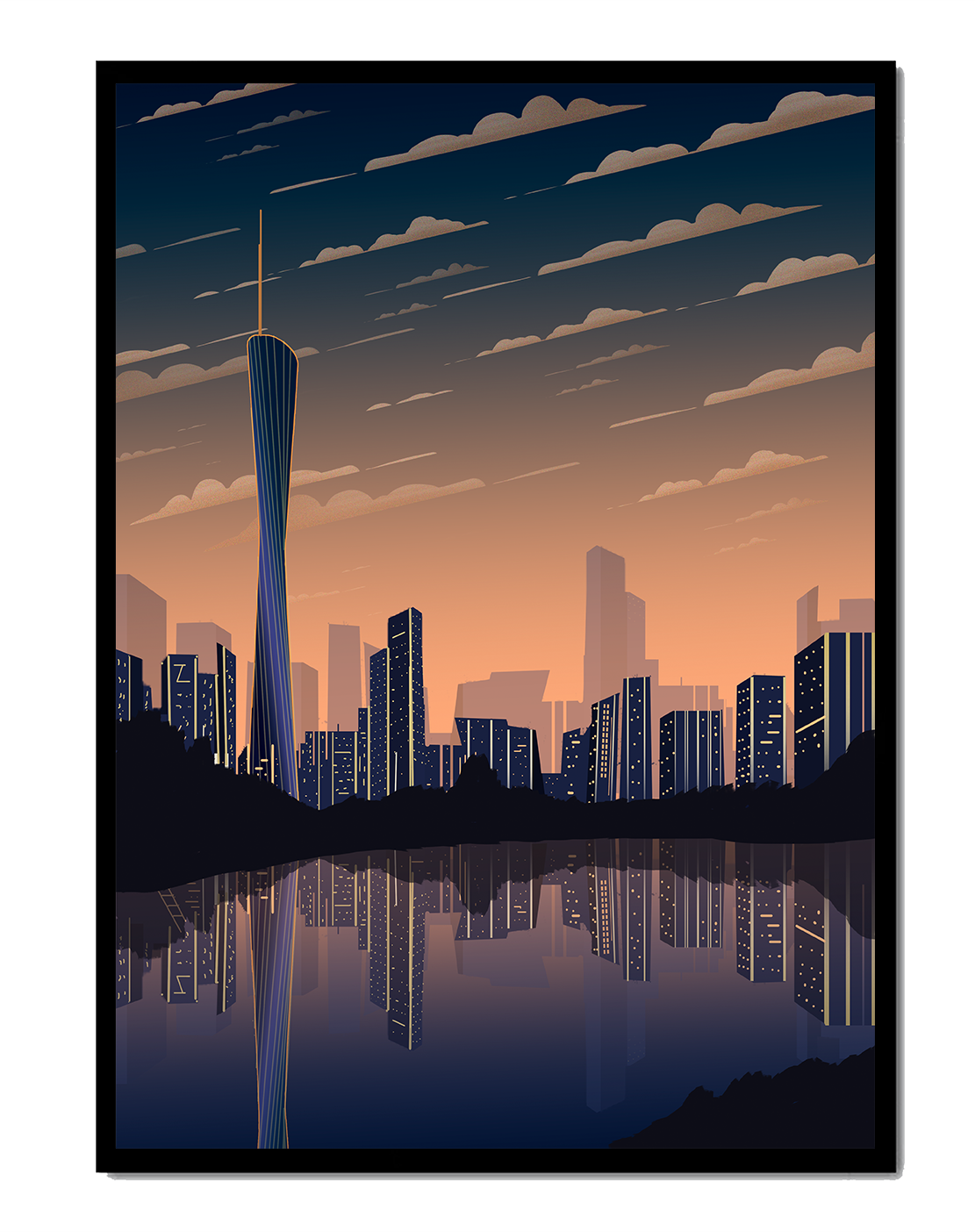 Skyline der Stadt bei Sonnenuntergang mit futuristischem Touch und Wasserspiegelung