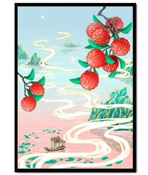 Idyllic Landscape with Lush Lychee Branches and Serene Waterscape