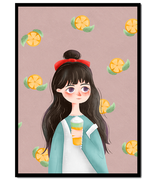 Illustration of a girl with a beverage surrounded by citrus slices