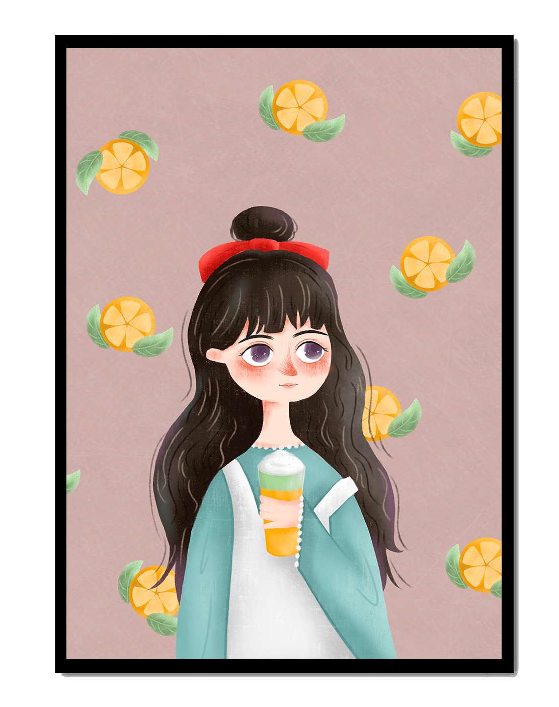 Illustration of a girl with a beverage surrounded by citrus slices