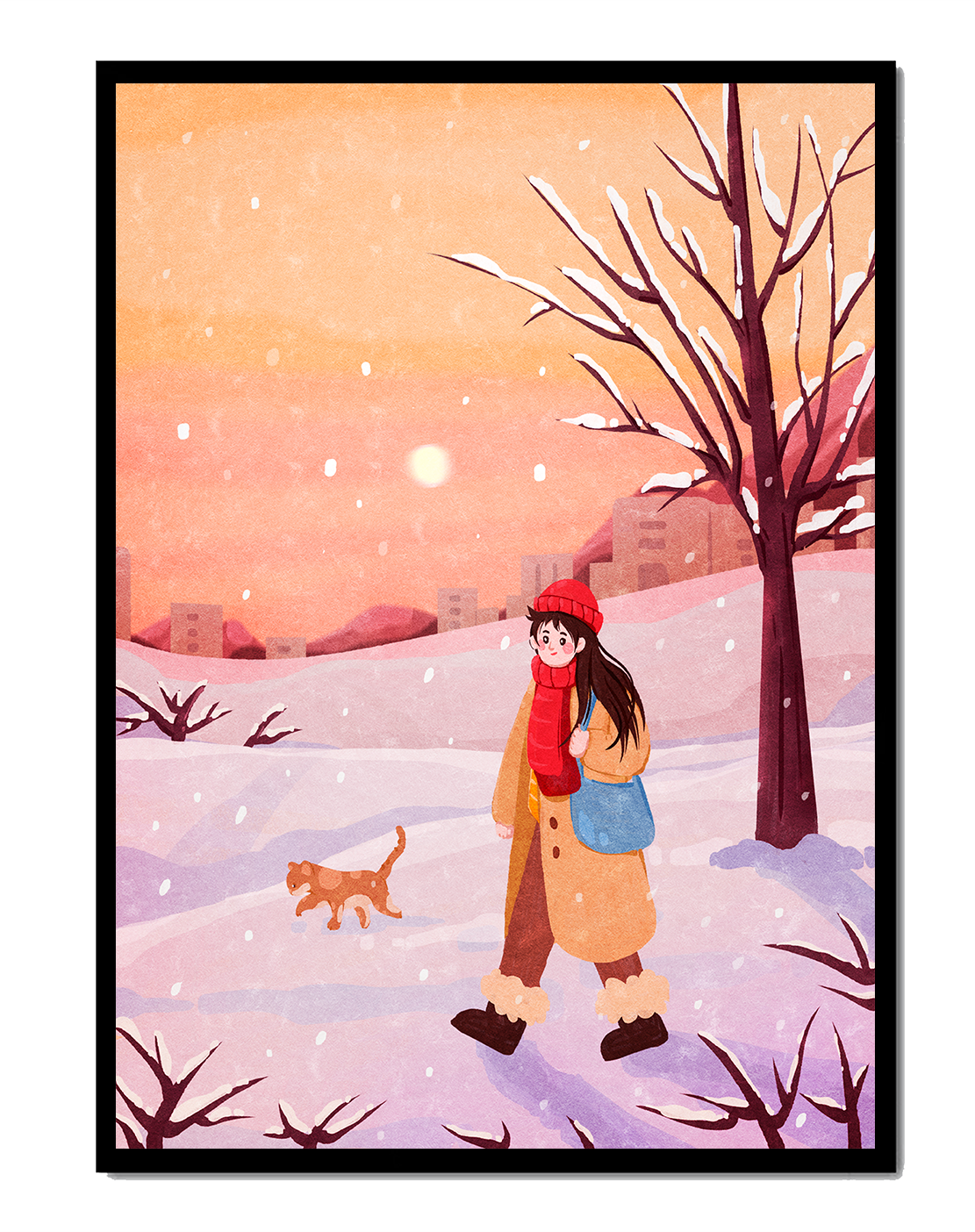 Winter sunset walk with a girl and dog in snowy landscape
