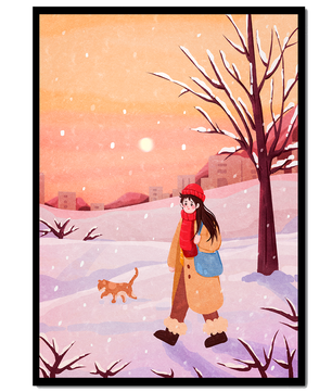 Winter sunset walk with a girl and dog in snowy landscape