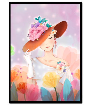 Mujer elegante con sombrero floral entre flores coloridas