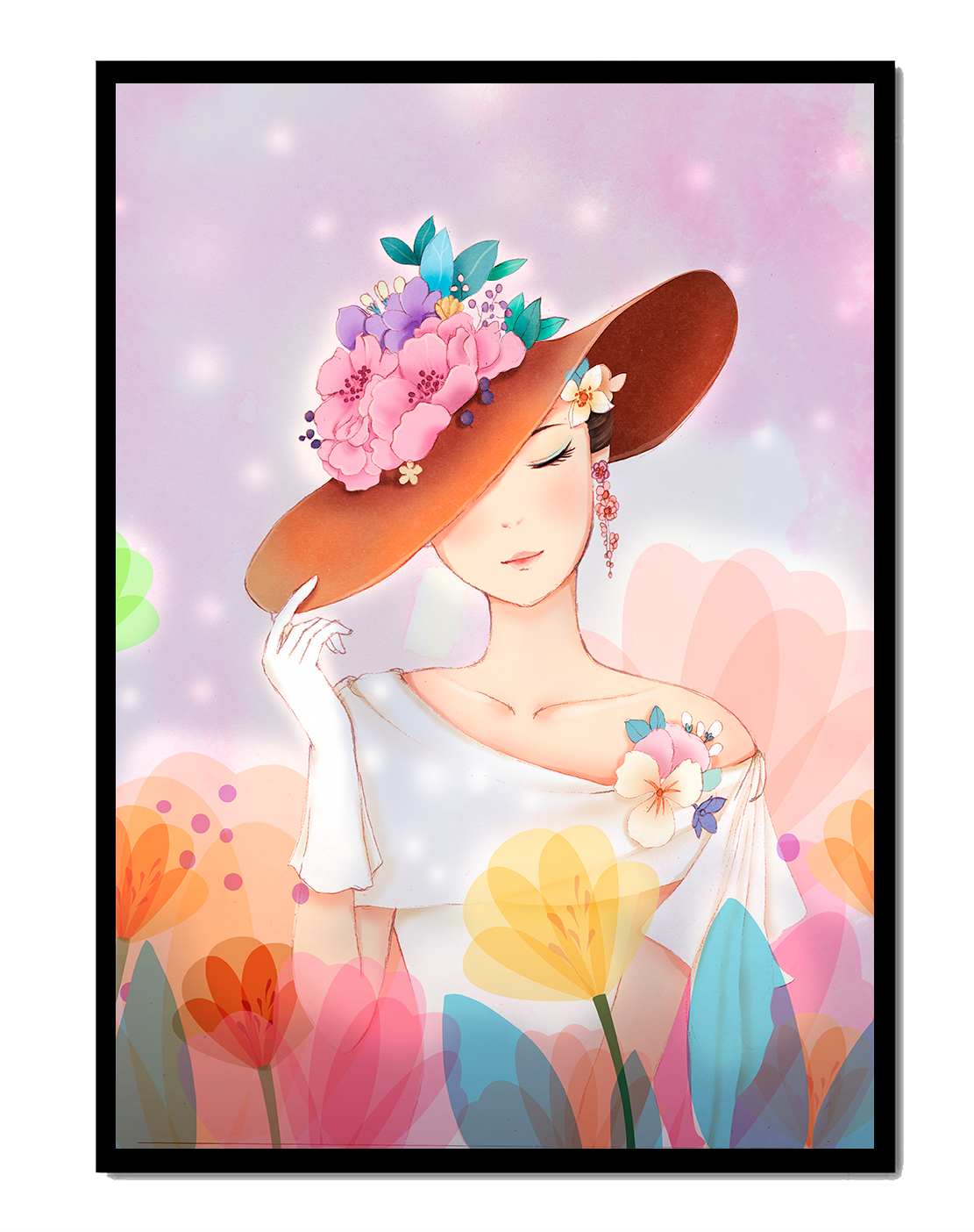 Mujer elegante con sombrero floral entre flores de colores