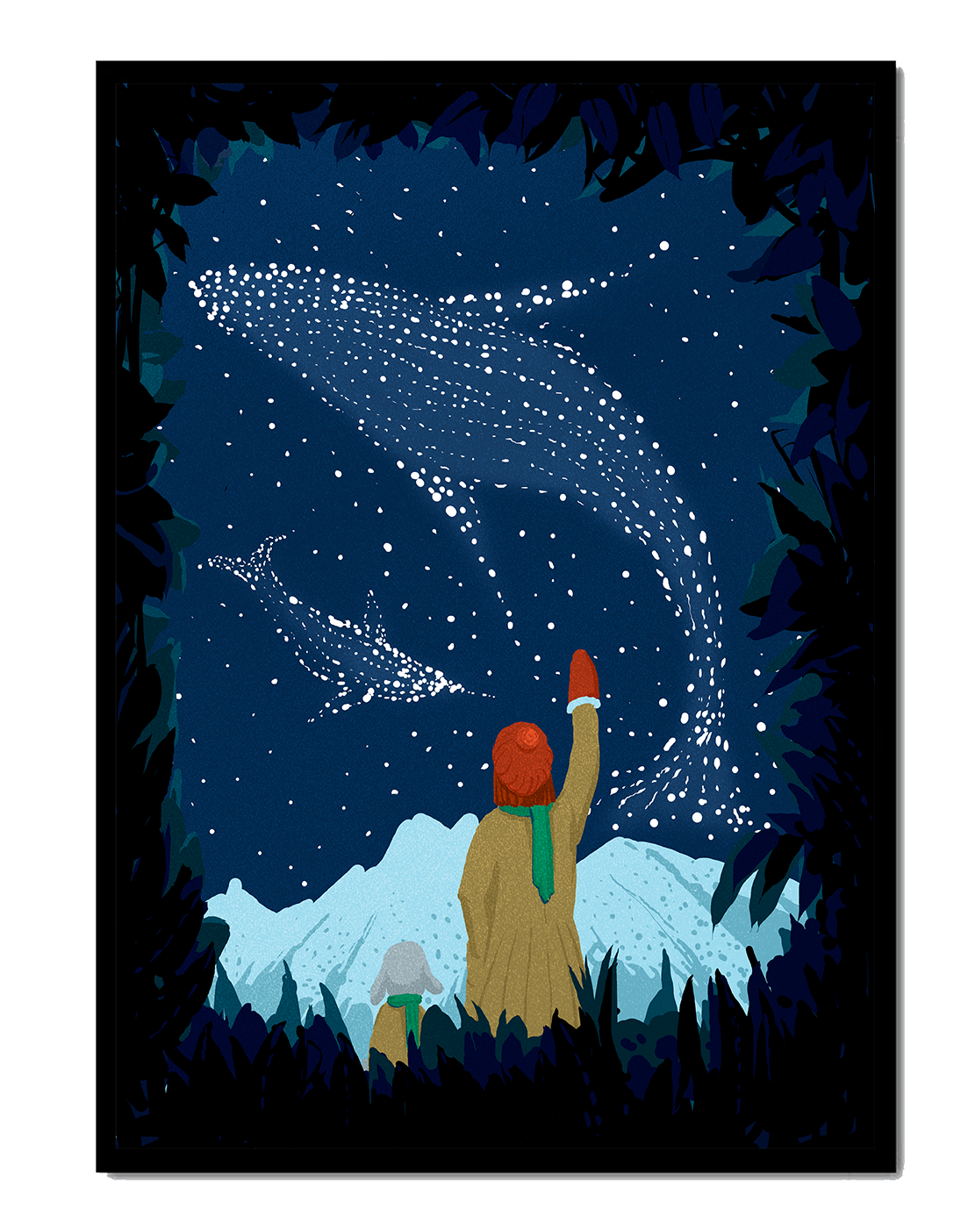Starry night with whale constellations and mountain scenery