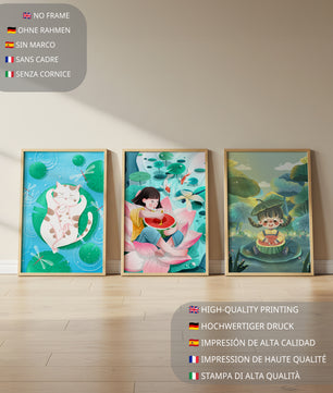 Illustrations colorées avec chat et enfants dans un paysage naturel