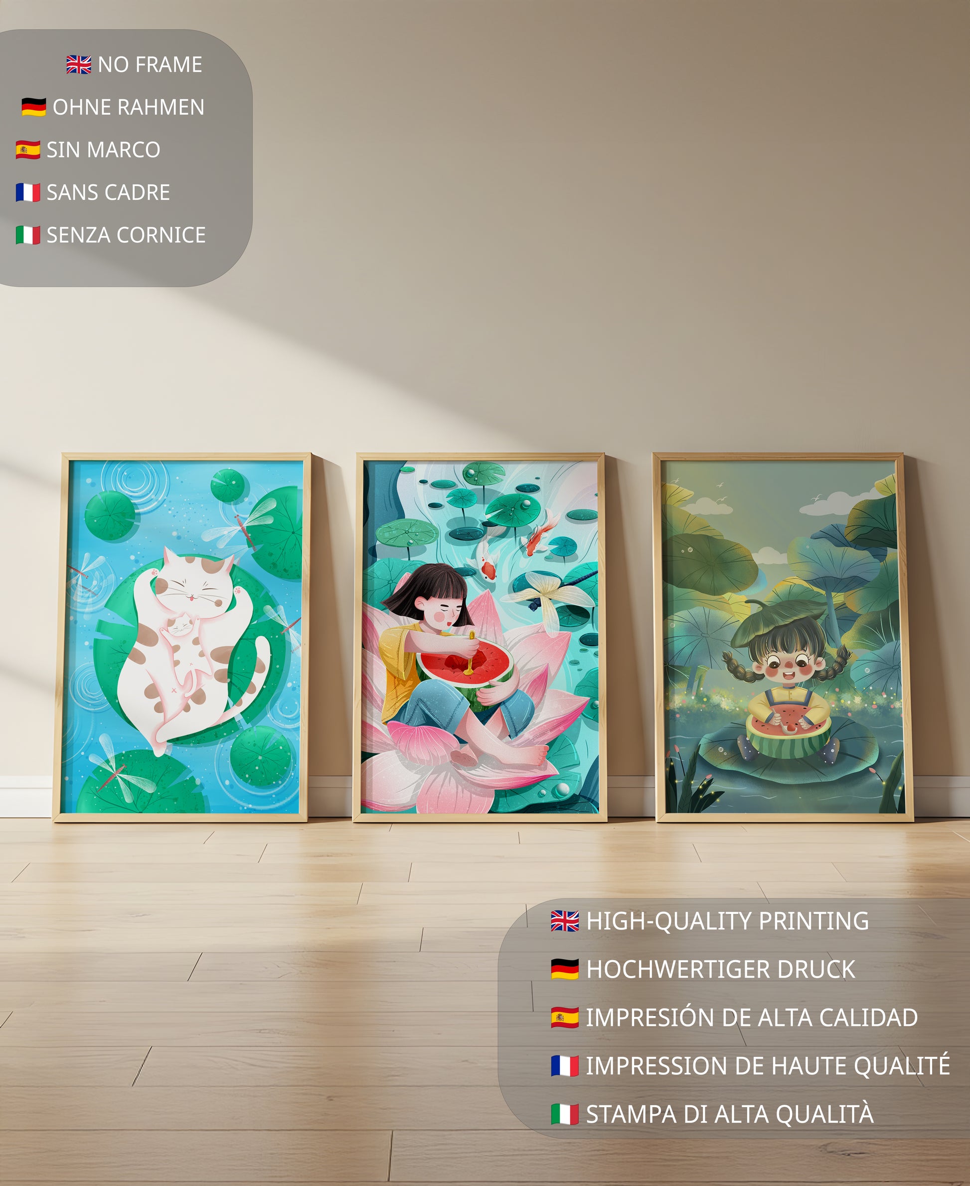 Illustrations colorées avec chat et enfants dans un paysage naturel