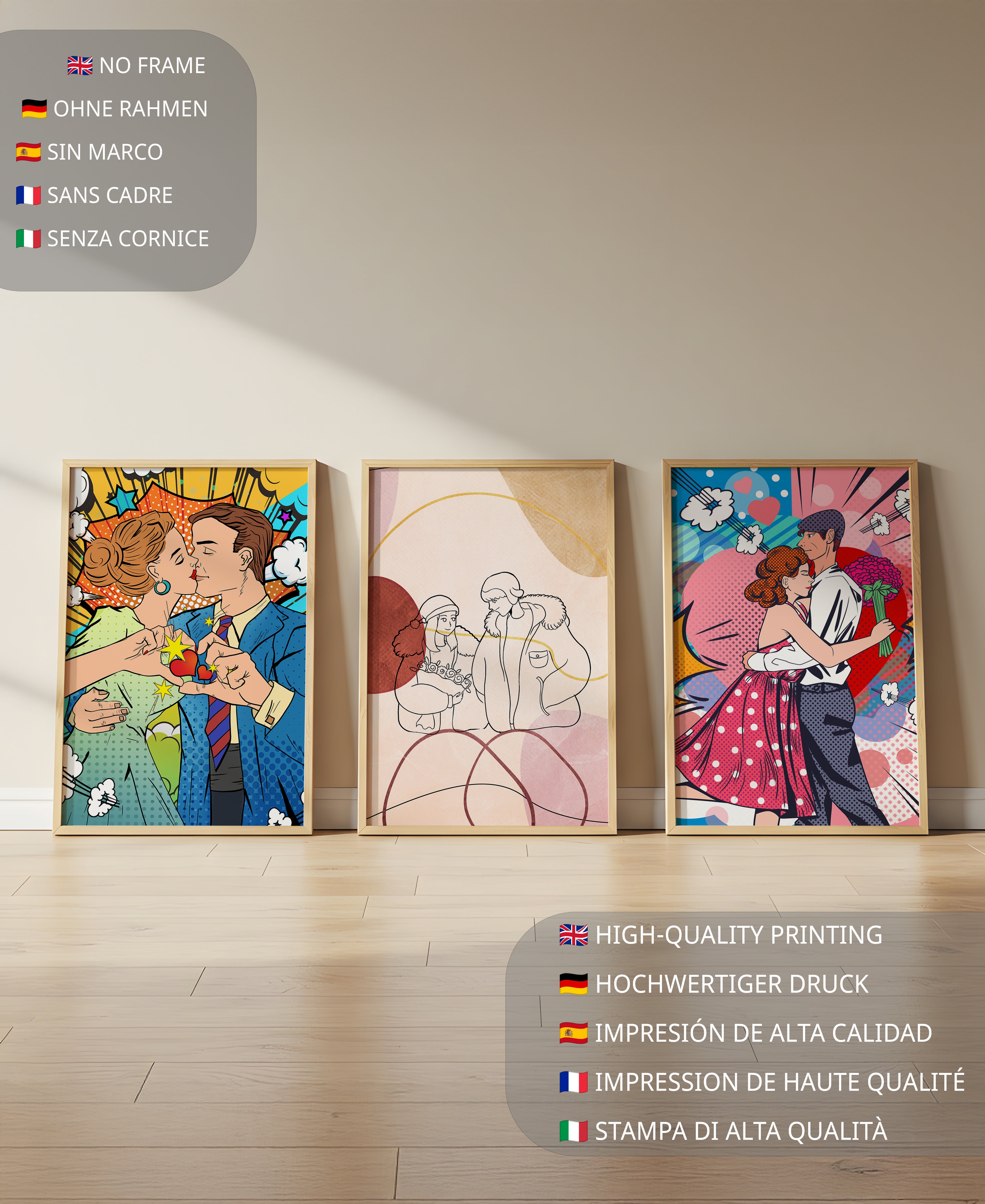 Conjunto De Obras De Arte De Parejas En Estilo Pop Art Y Línea