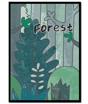 Illustrated forest scene with foliage and text