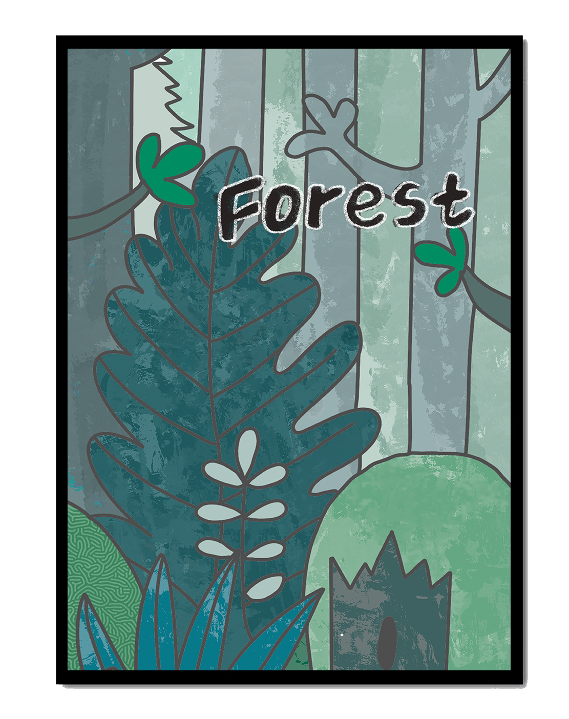Illustrated forest scene with foliage and text