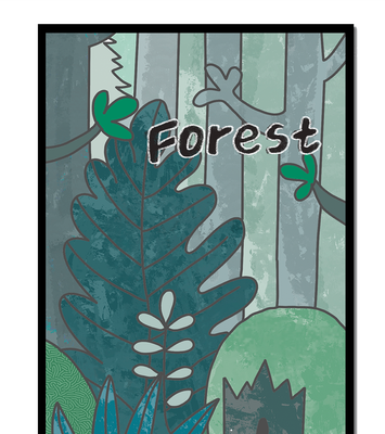 Illustrated forest scene with foliage and text