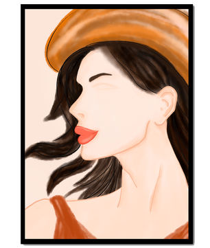 Stylized portrait of a woman in a hat with flowing hair