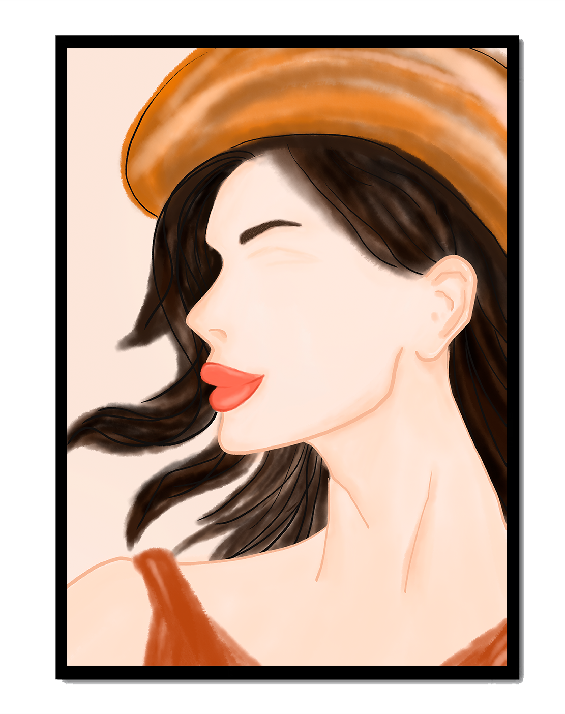 Stylized portrait of a woman in a hat with flowing hair