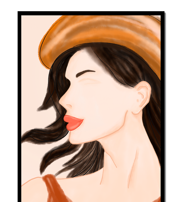 Stylized portrait of a woman in a hat with flowing hair