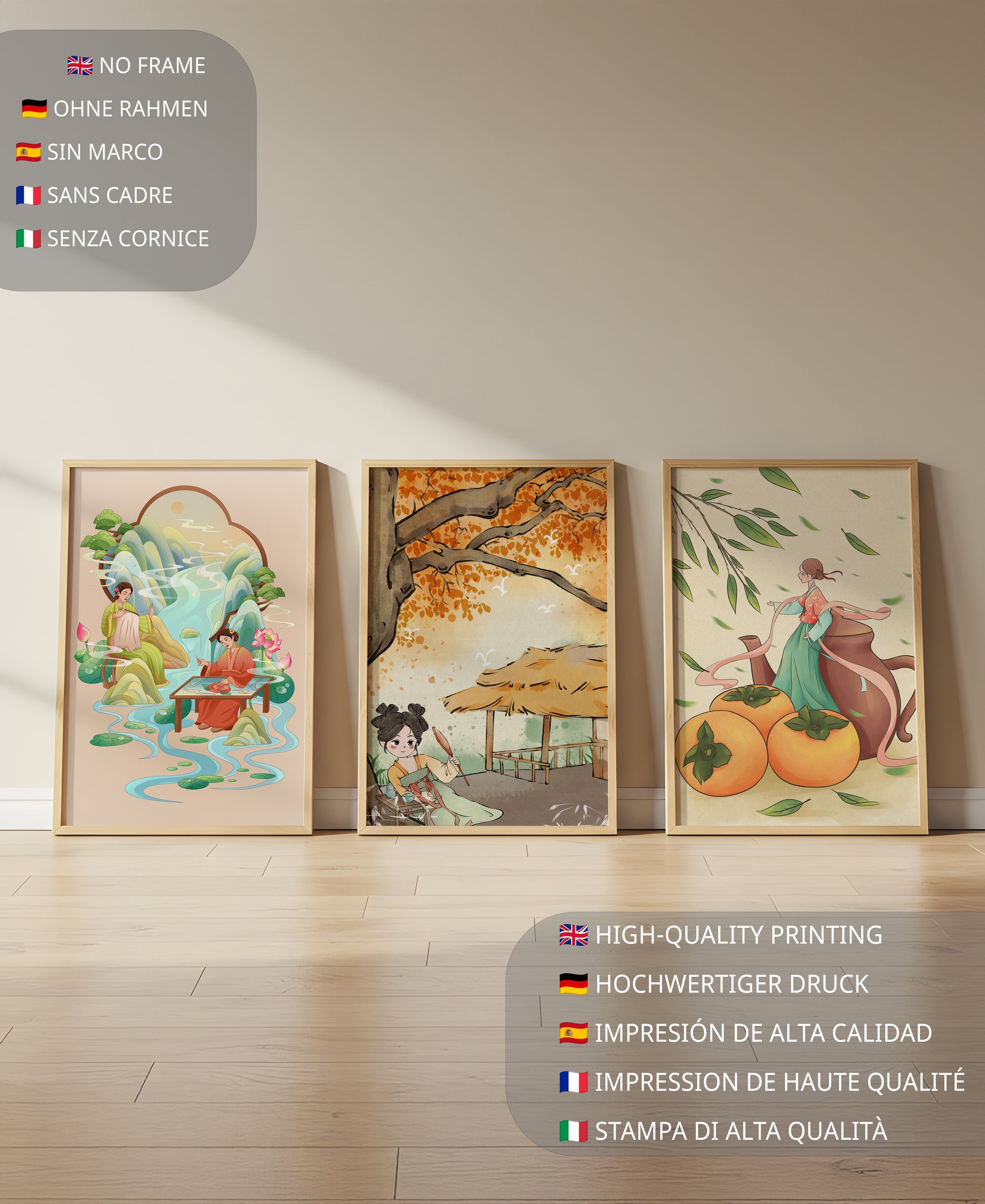 Set asiatischer Kunst auf Leinwänden ohne Rahmen mit natürlichen Motiven