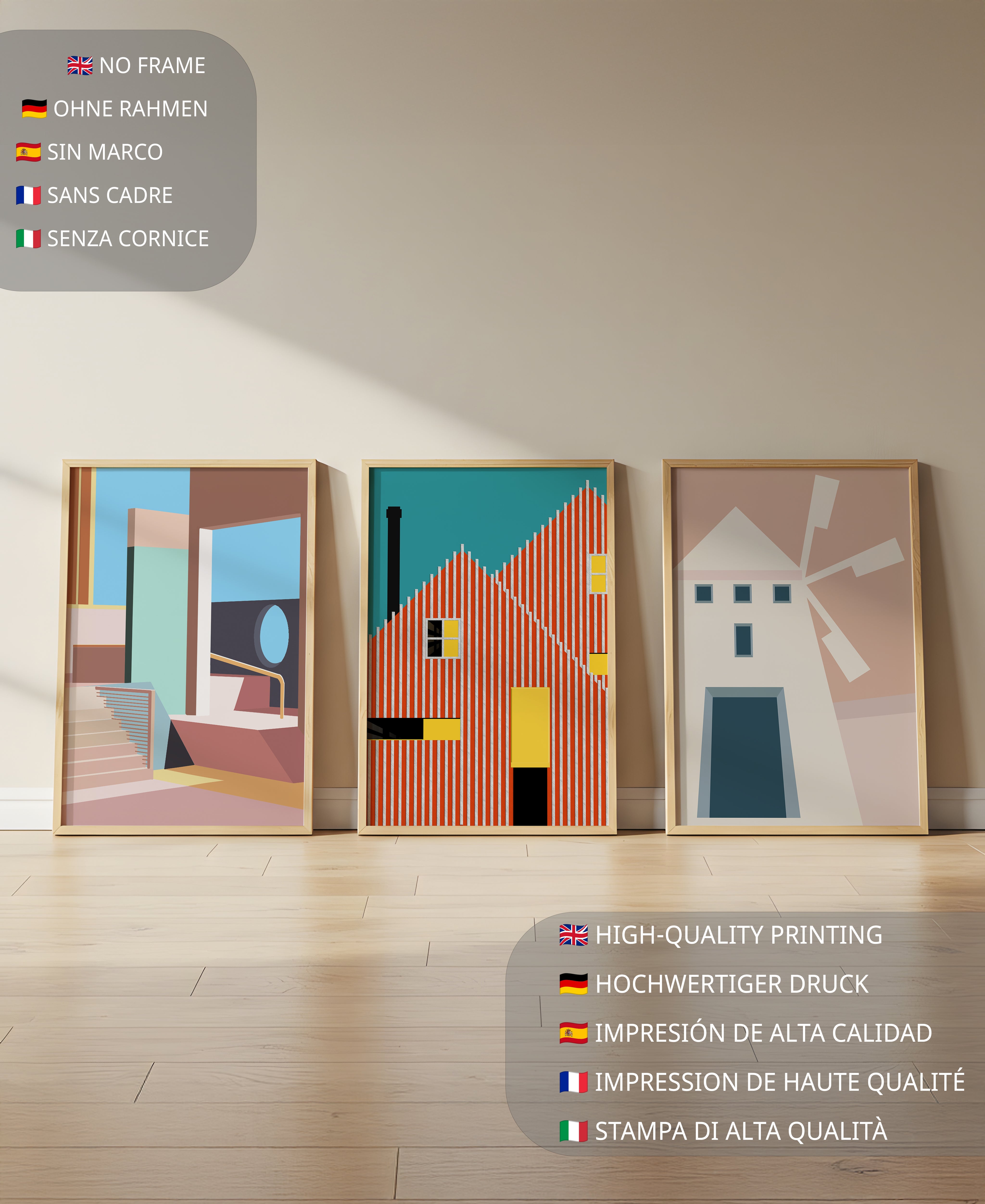 Œuvres d'art moderne avec design architectural dans un environnement minimaliste