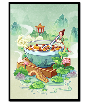 Illustration of a traditional Asian scene with large bowl and serene landscape