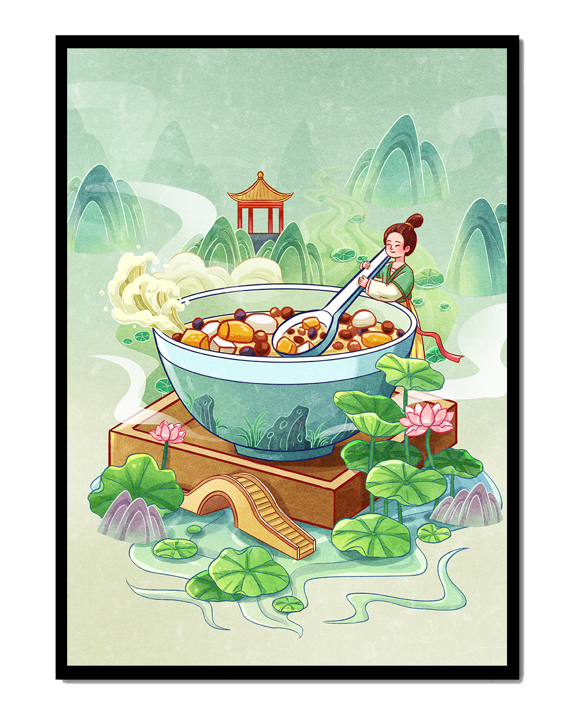 Illustration of a traditional Asian scene with large bowl and serene landscape