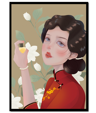 Captivating portrait of a woman in traditional attire with floral backdrop